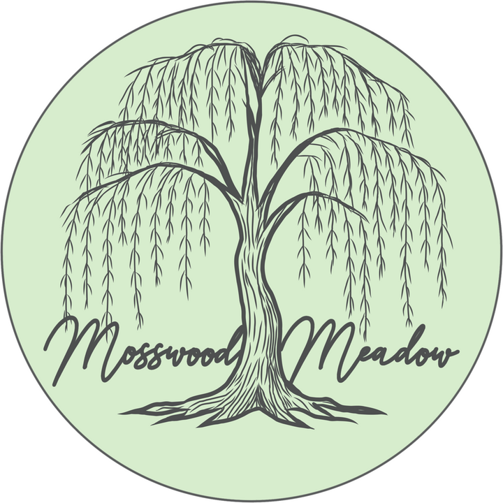 Mosswood Meadow Logo Dark grey logo of a weeping willing with Mosswood Meadow in script fond in a sage green circle