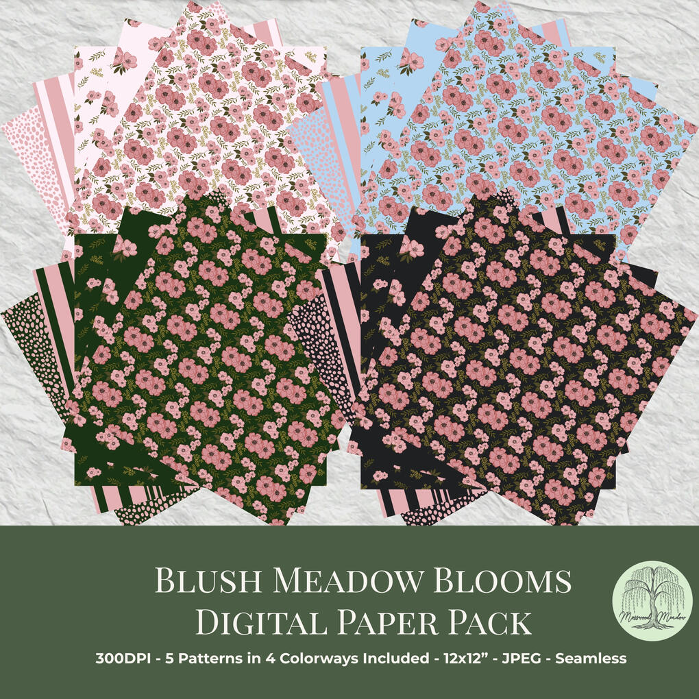 Example Patterns 4 Country retro chic coneflower pattern on an oatmeal background, wood block roses on a hunter green background, dark blooms on a midnight background.