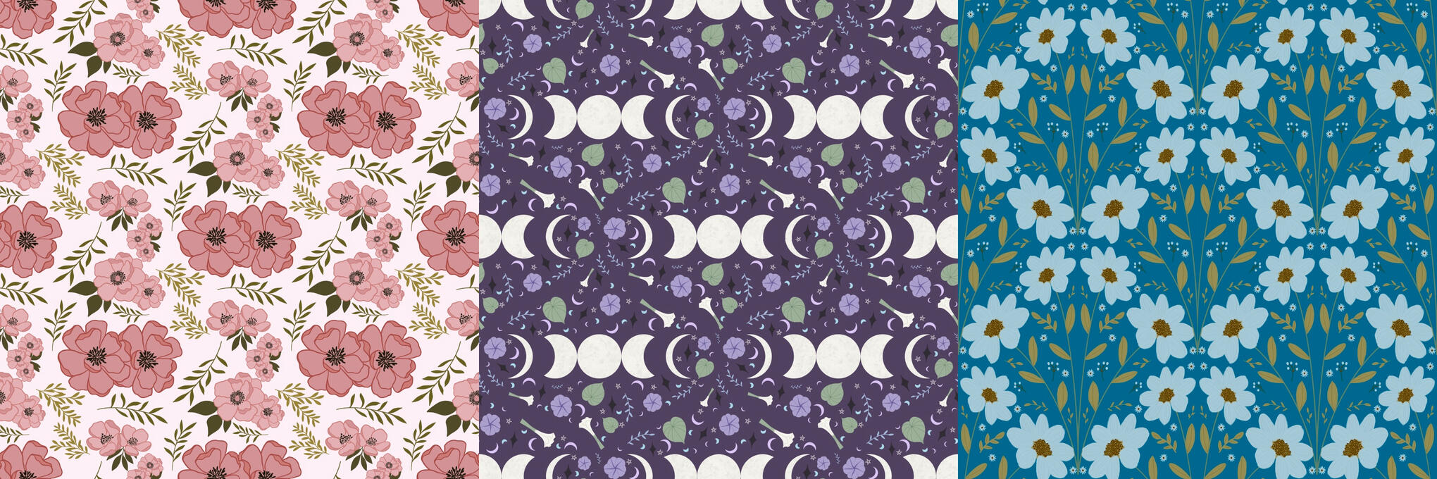 Example Patterns 1 Repeating patter examples, blush meadow blooms, night blooming flowers with moon phases, and country blue blooms on a teal background.
