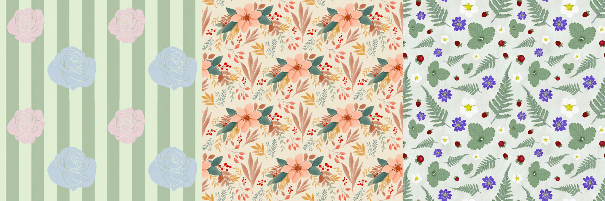 dark and light green stripes with pastel roses, watercolor floral on a cream background, ferns and other forest floor plants on a sage background