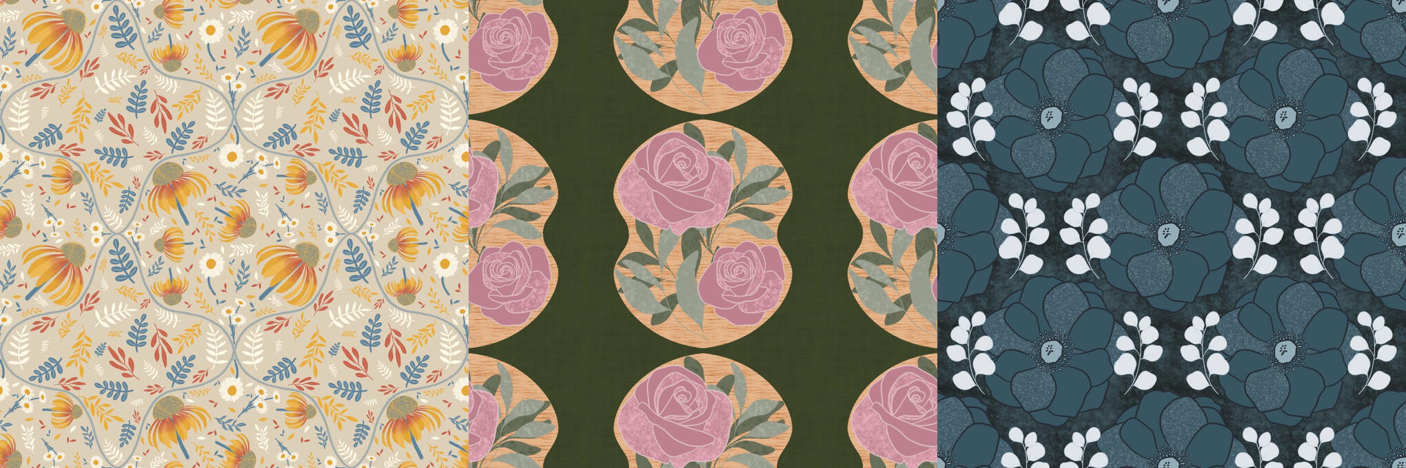 Country retro chic coneflower pattern on an oatmeal background, wood block roses on a hunter green background, dark blooms on a midnight background.